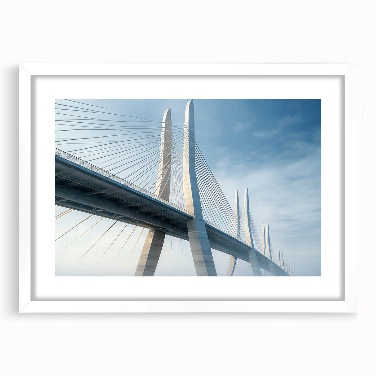 Framed wall art featuring a serene landscape with a bridge, presented in a white mat and sleek frame, ideal for modern home decor and interior design.