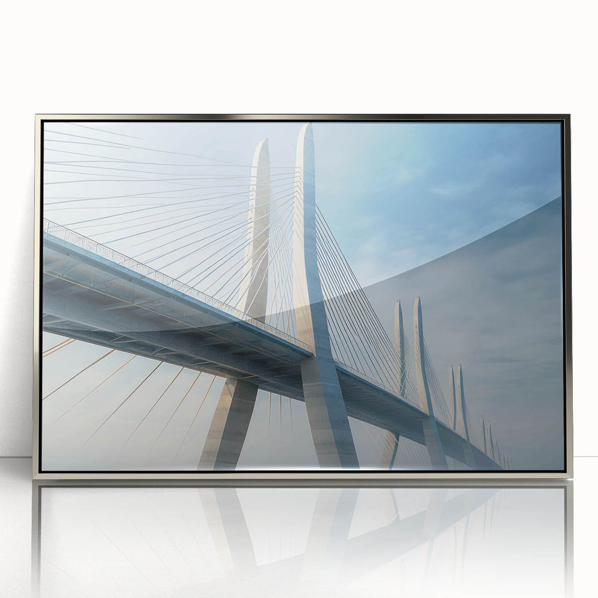 Framed acrylic wall art showcasing a modern landscape bridge design, featuring vibrant colors and a sleek silver frame, perfect for contemporary home decor.