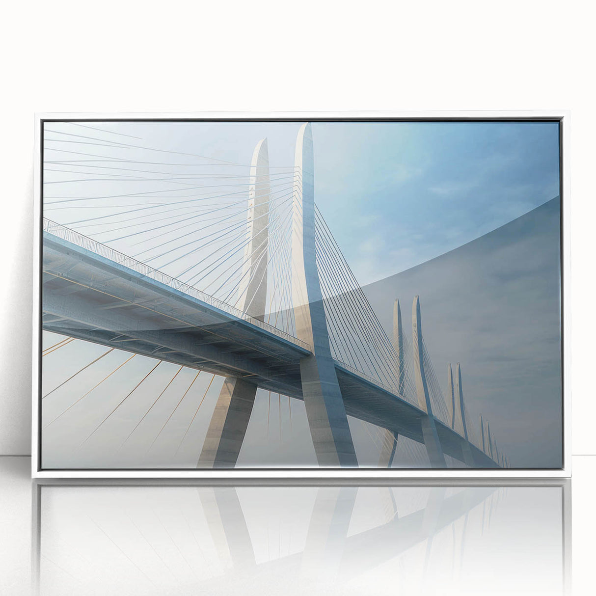 Framed acrylic wall art showcasing a serene landscape with a bridge, set against a tranquil blue sky. Ideal for home decor, adding elegance to any space.