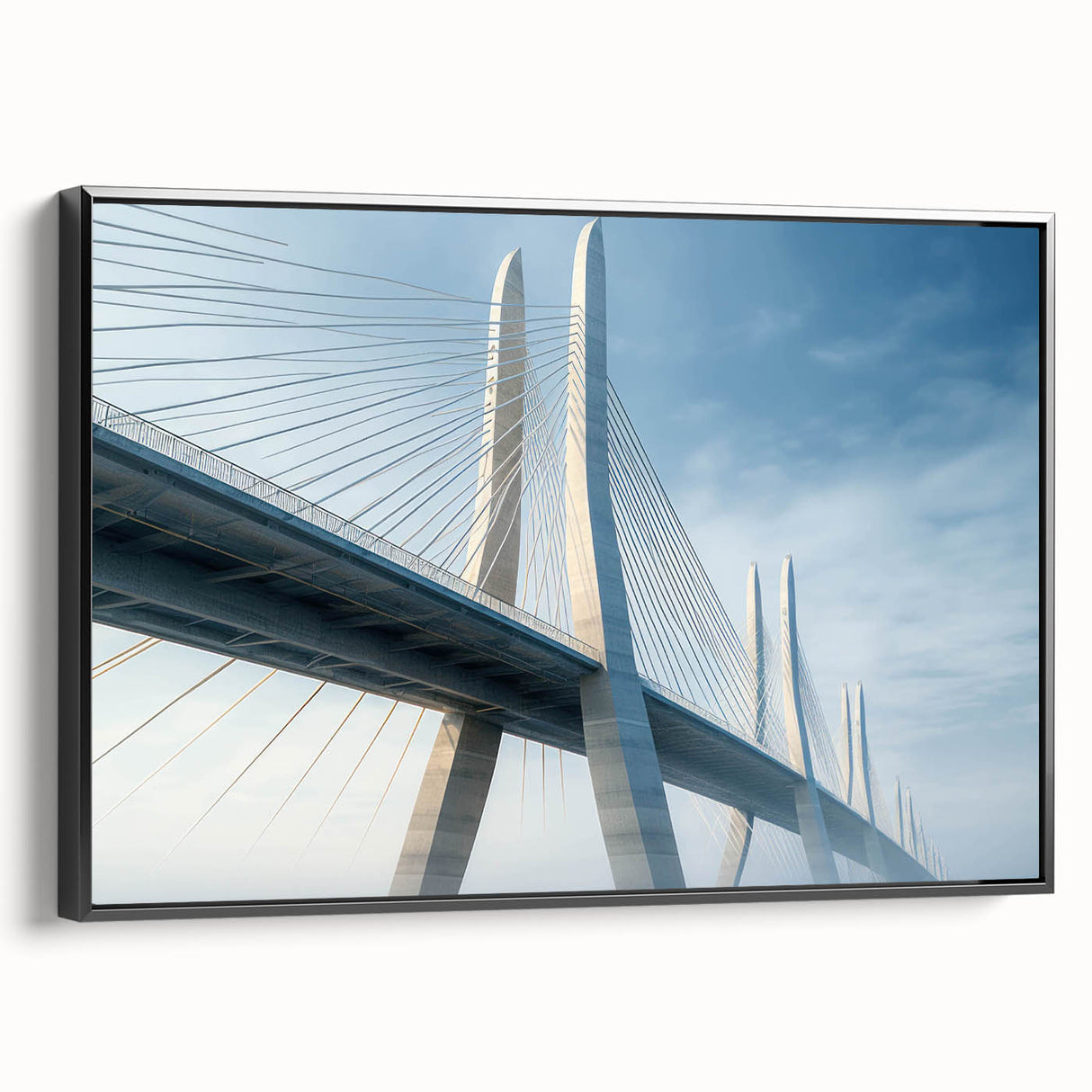Framed canvas wall art featuring a serene landscape bridge design in black, showcasing elegant details and a modern aesthetic, perfect for home decor.