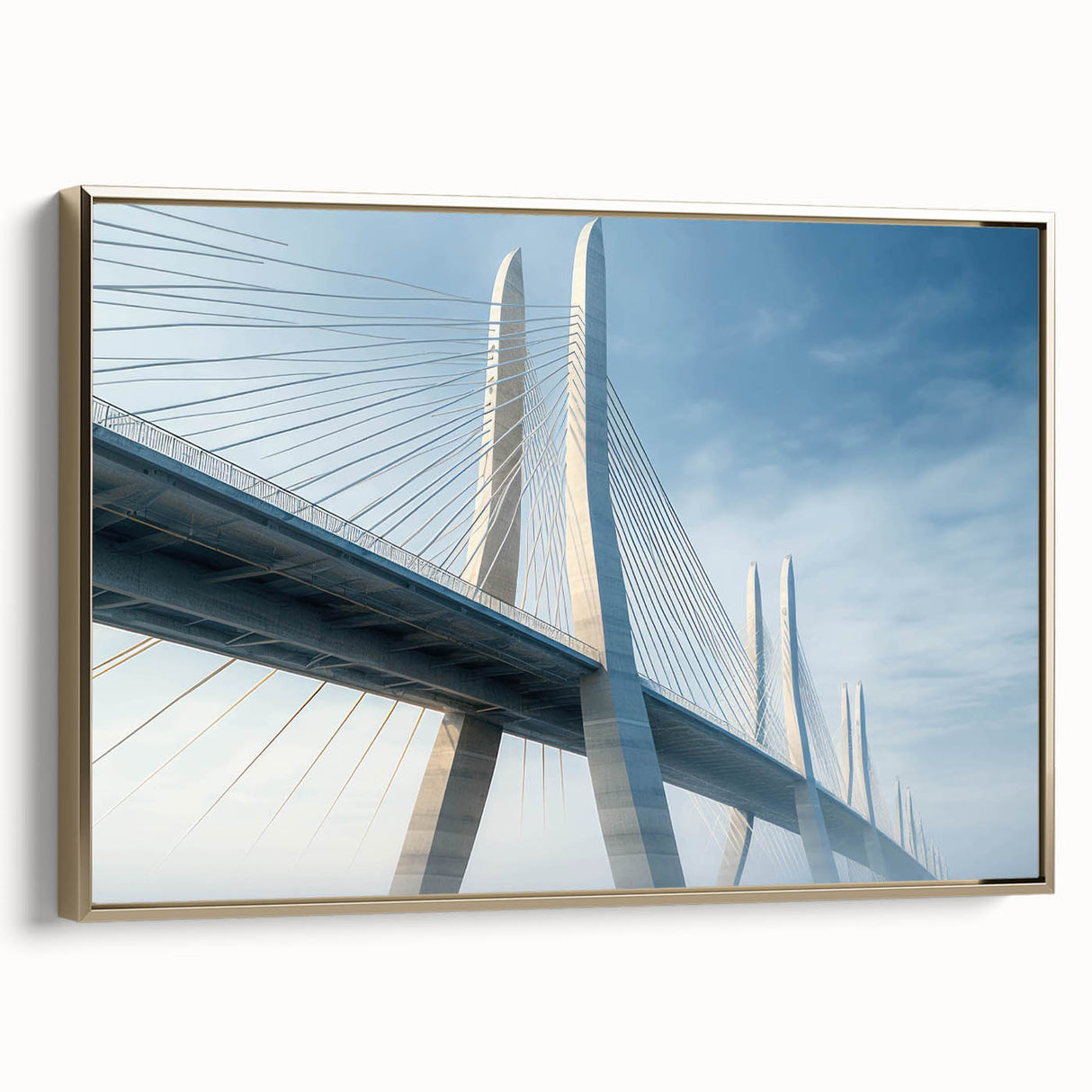 Framed canvas wall art showcasing a vibrant landscape with a golden bridge, presented in a sleek gold frame. Perfect for adding elegance to modern decor.