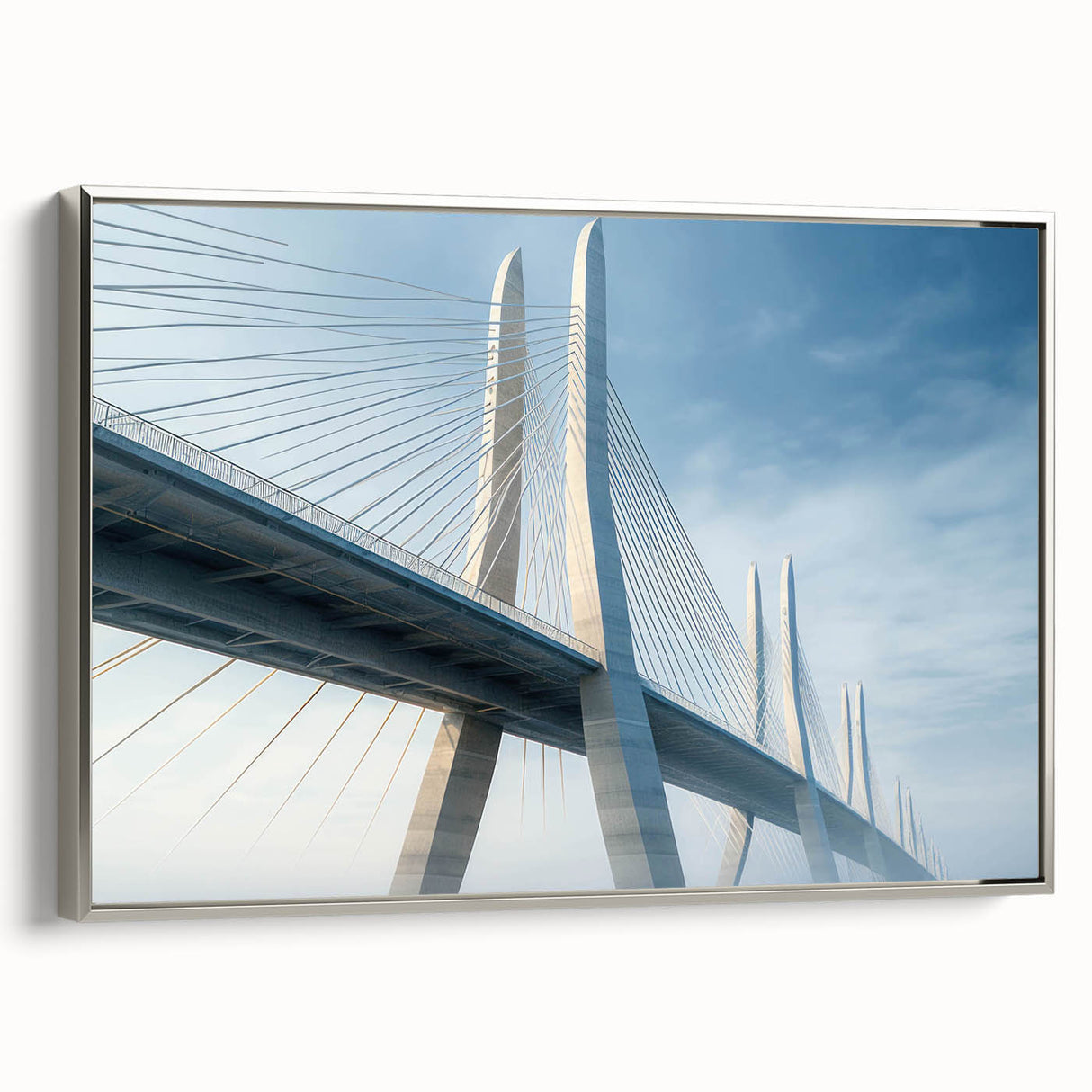 Framed canvas wall art showcasing a serene landscape with a bridge, highlighted by silver framing, perfect for modern home decor and artistic ambiance.