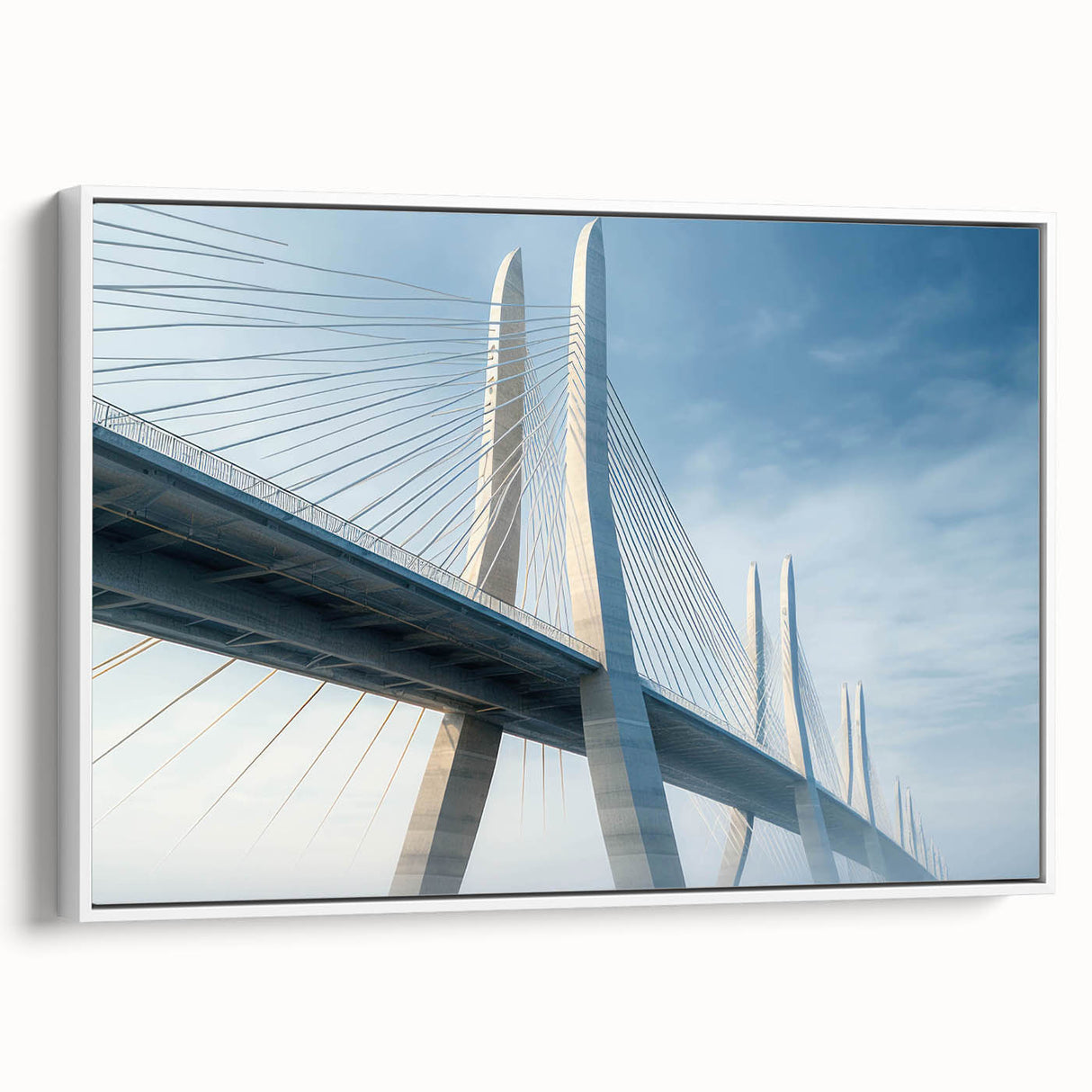 Framed canvas wall art featuring a serene landscape with a bridge, showcasing vibrant colors and fine details, perfect for home decor enhancement.