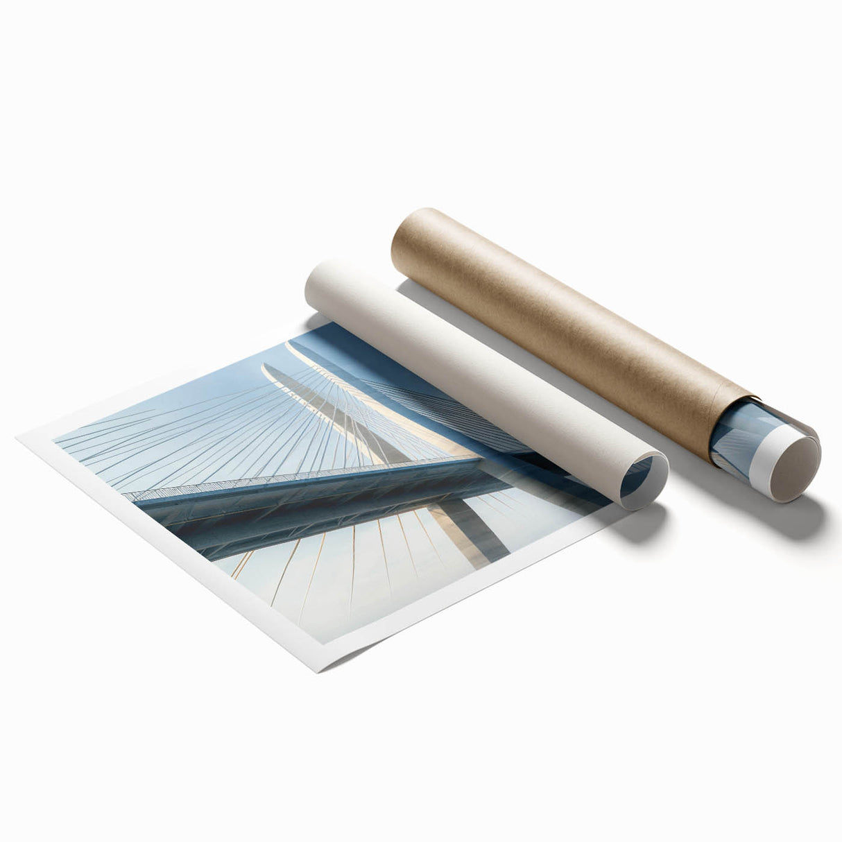 Vibrant rolled print of a scenic landscape featuring a bridge surrounded by lush greenery, ideal for home decor, showcasing nature's beauty and tranquility.