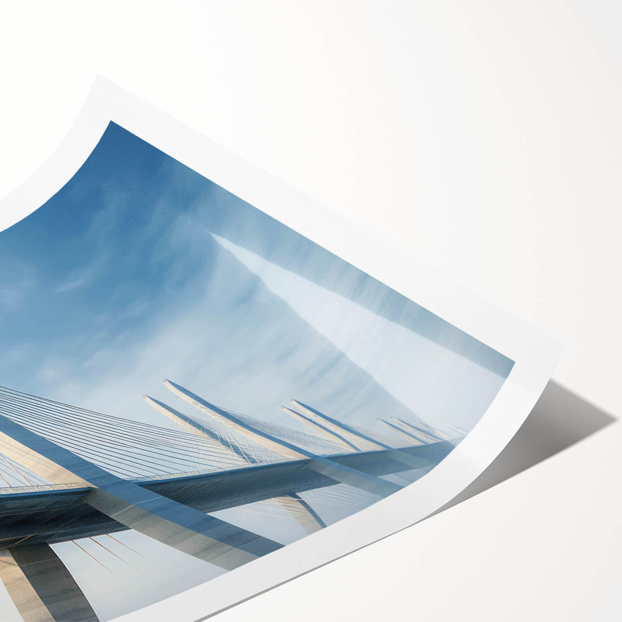 Rolled print showcasing a vibrant landscape bridge design in rich blue and green tones, perfect for modern home decor, securely packaged in a protective tube.