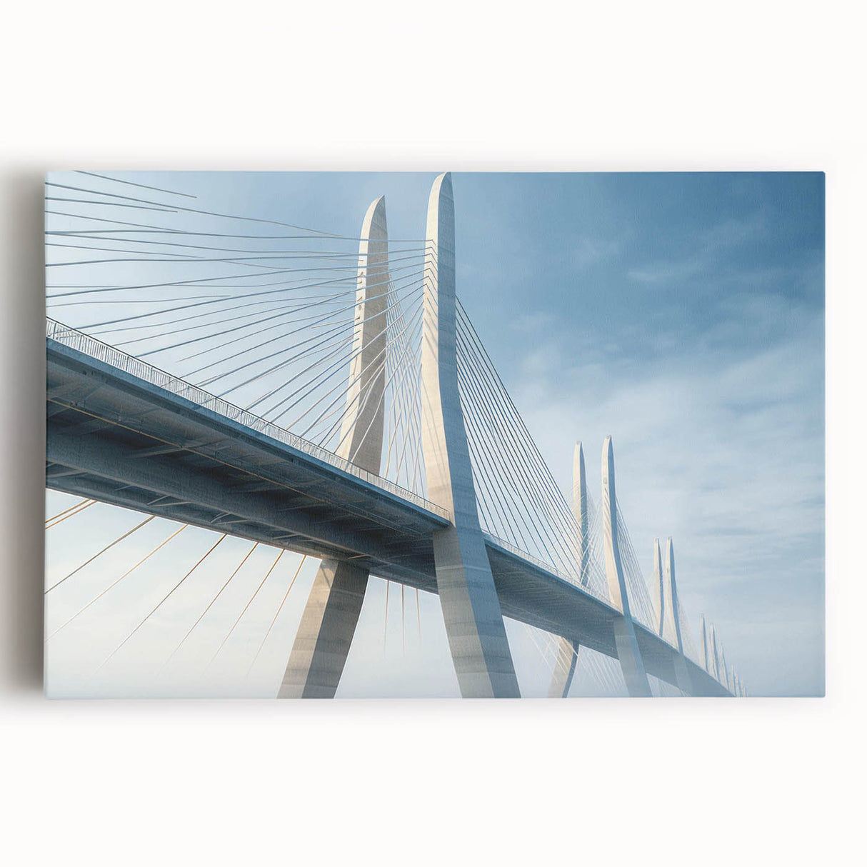 Stretched canvas wall art showcasing a vibrant landscape with a bridge, perfect for home decor, emphasizing serene colors and intricate details.