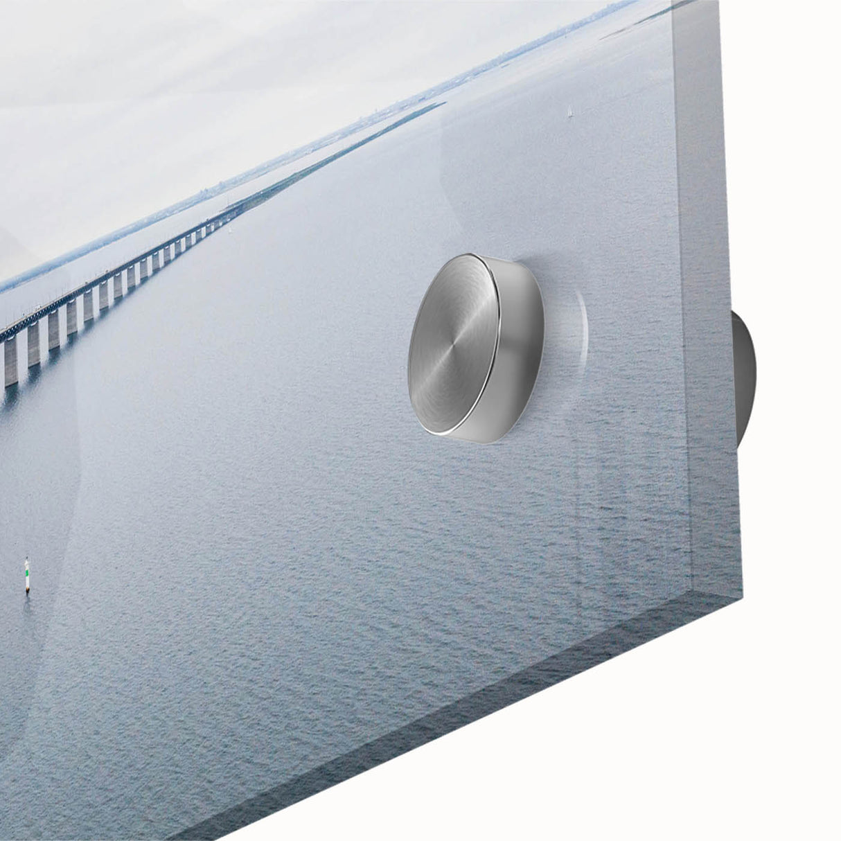 Close-up of a vibrant acrylic glass wall art piece showcasing a serene landscape with a bridge, perfect for modern home decor and enhancing interior aesthetics.