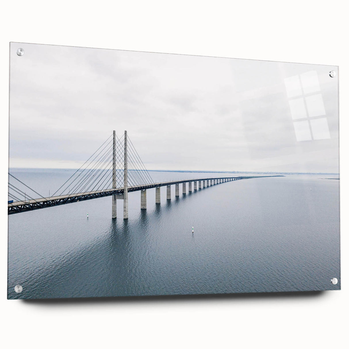 Acrylic wall art design showcasing a vibrant landscape with a bridge, featuring a side view with pins for easy hanging, perfect for modern decor enthusiasts.