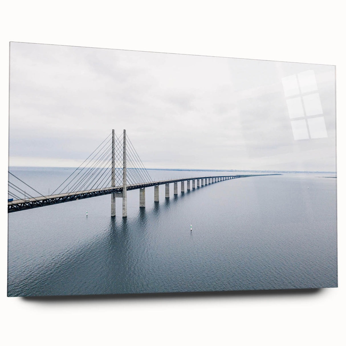 Acrylic glass wall art display showcasing a vibrant landscapes and bridges design from the collection, viewed from the side, highlighting its sleek finish and modern aesthetic. Perfect for adding a contemporary touch to home decor.