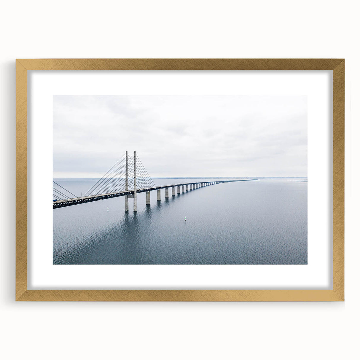 Elegant gold-framed wall art featuring a serene landscape bridge design, highlighted with a mat, perfect for enhancing home décor and creating a calming atmosphere.