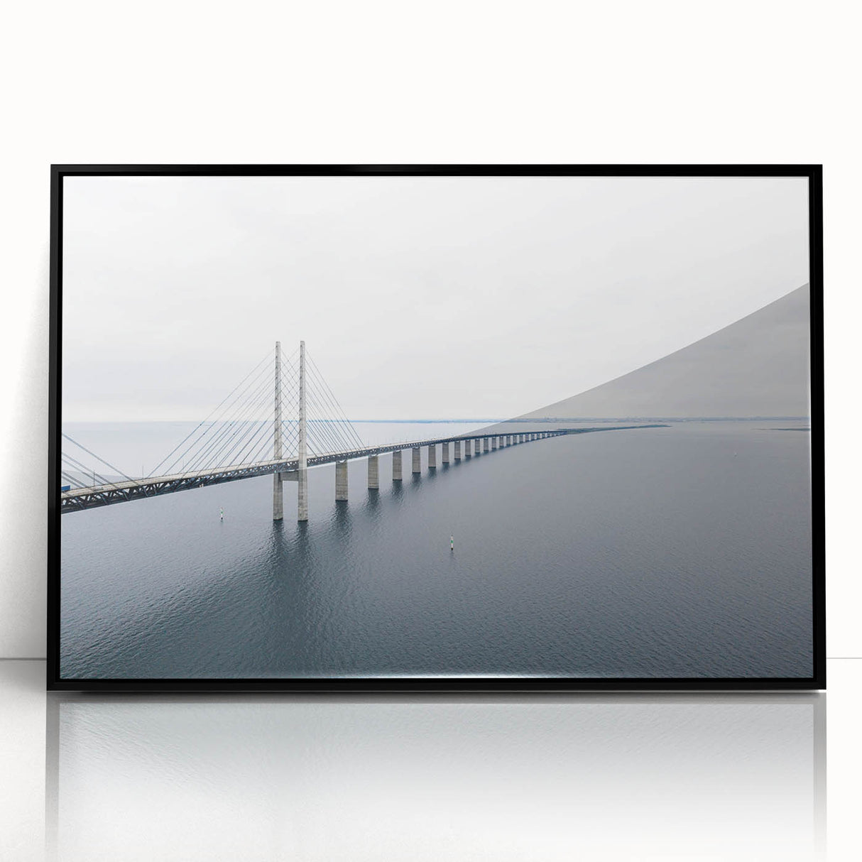 Framed acrylic wall art featuring a stunning landscape with a bridge design, presented in a sleek black frame, perfect for modern home decor. The vibrant colors and intricate details enhance any room's aesthetic, making it an ideal choice for art enthusiasts and interior design lovers.