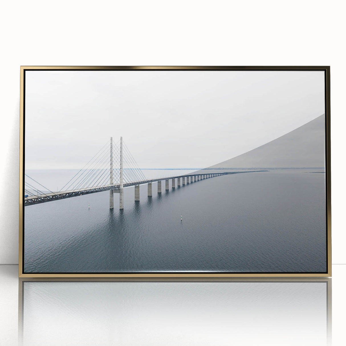 Framed acrylic wall art featuring a stunning landscape of bridges, highlighted with gold accents, creating an elegant focal point for modern home decor.