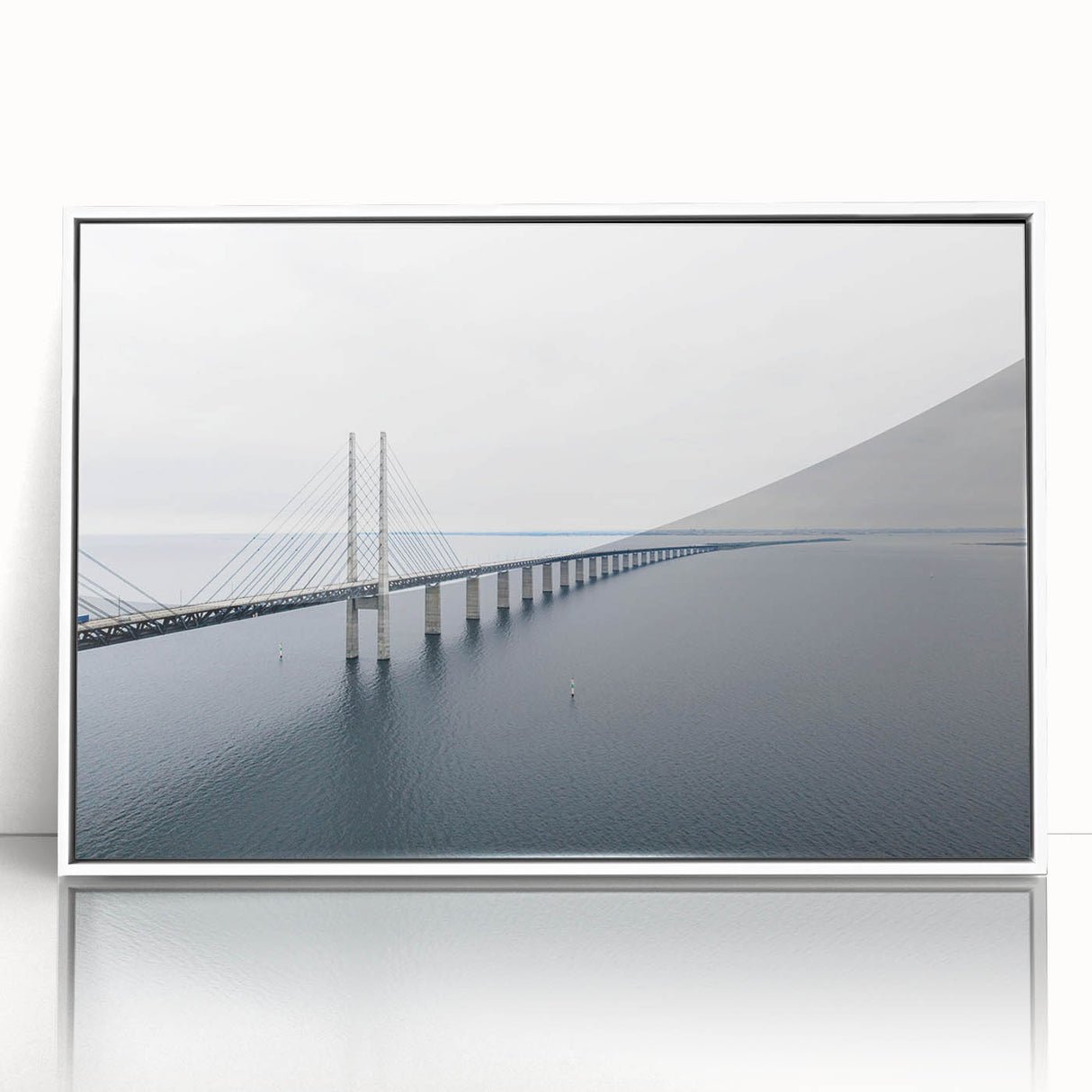 Framed acrylic wall art showcasing a modern bridge landscape design with a white frame, perfect for contemporary home decor. Ideal for enhancing living spaces.