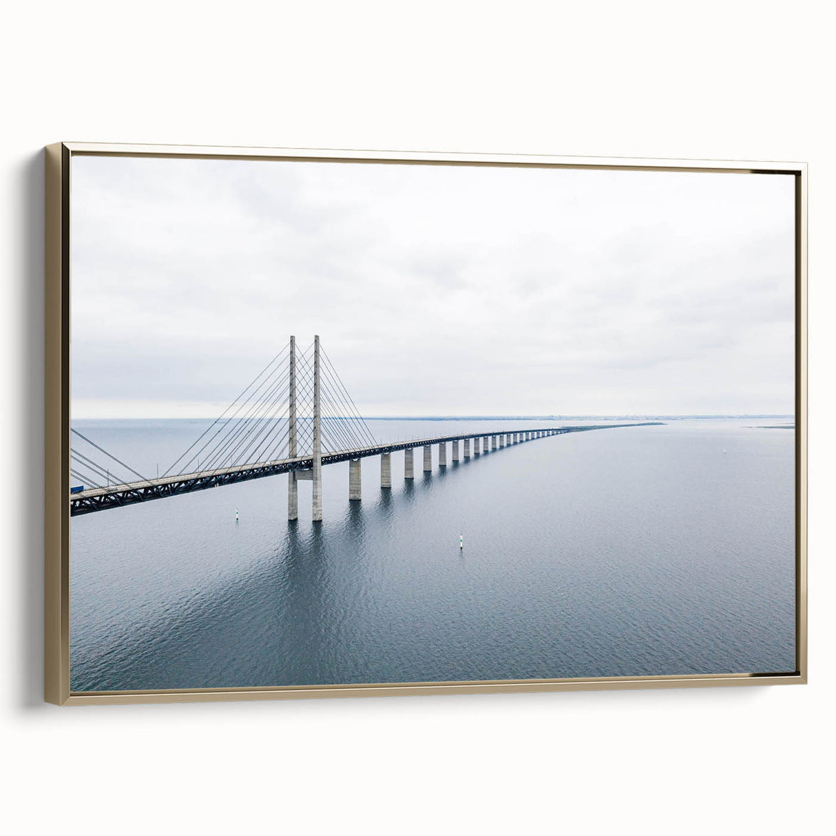 Framed canvas wall art showcasing a modern bridge landscape design with gold accents, elegantly displayed from a side view, perfect for contemporary decor.