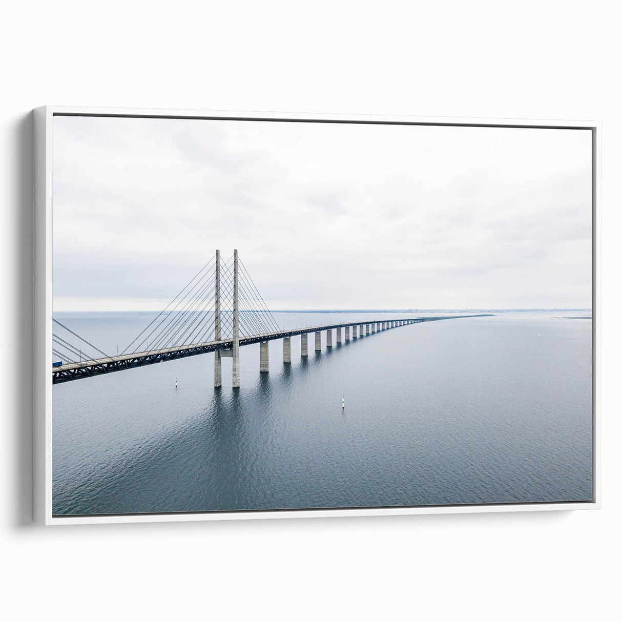 Framed canvas wall art showcasing a serene landscape bridge design in vibrant colors, displayed from a side view against a white background, perfect for home decor.