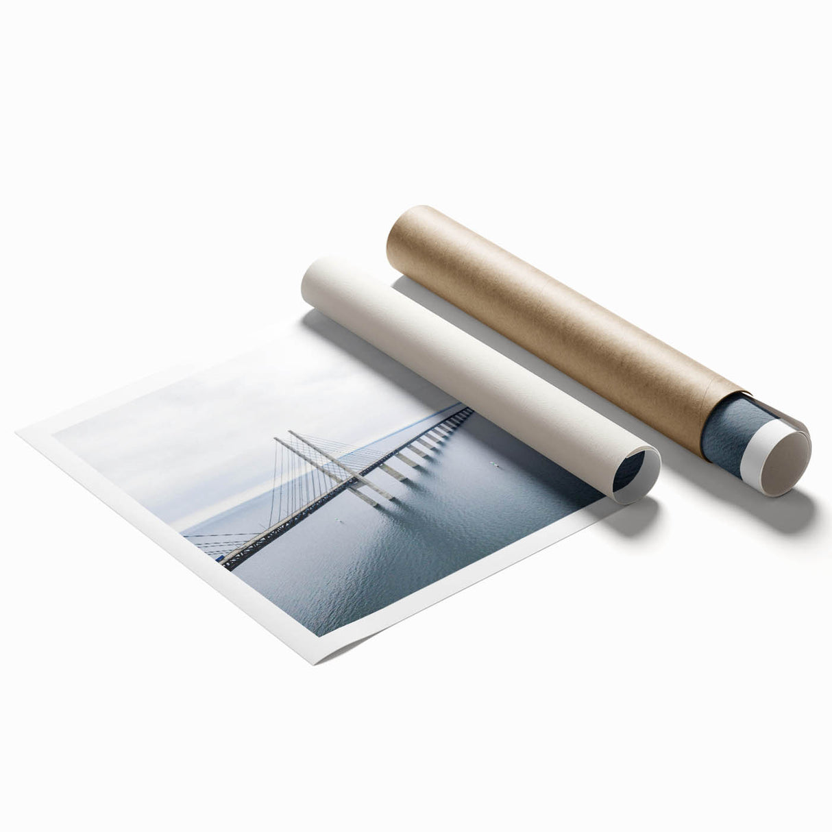 Vibrant rolled print showcasing a stunning landscape bridge design, featuring rich colors and intricate details, perfect for enhancing home decor and artistic expression.