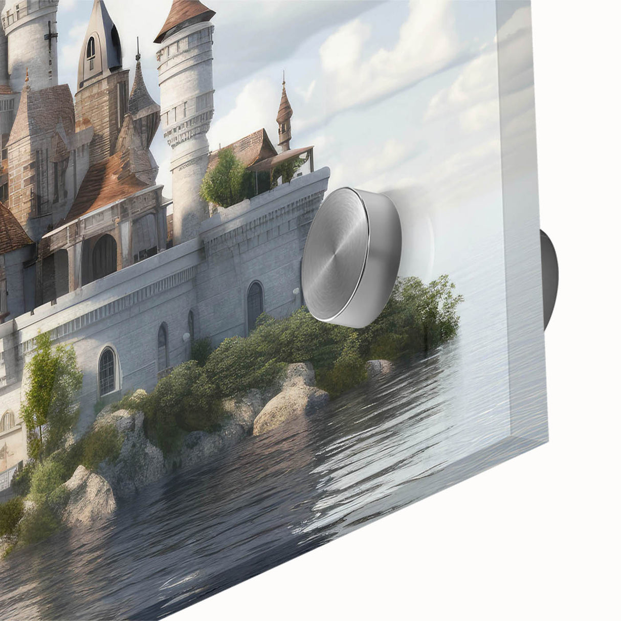 Close-up of an acrylic wall art piece showcasing a stunning landscape with a castle, featuring vibrant colors and intricate details, perfect for home decor.
