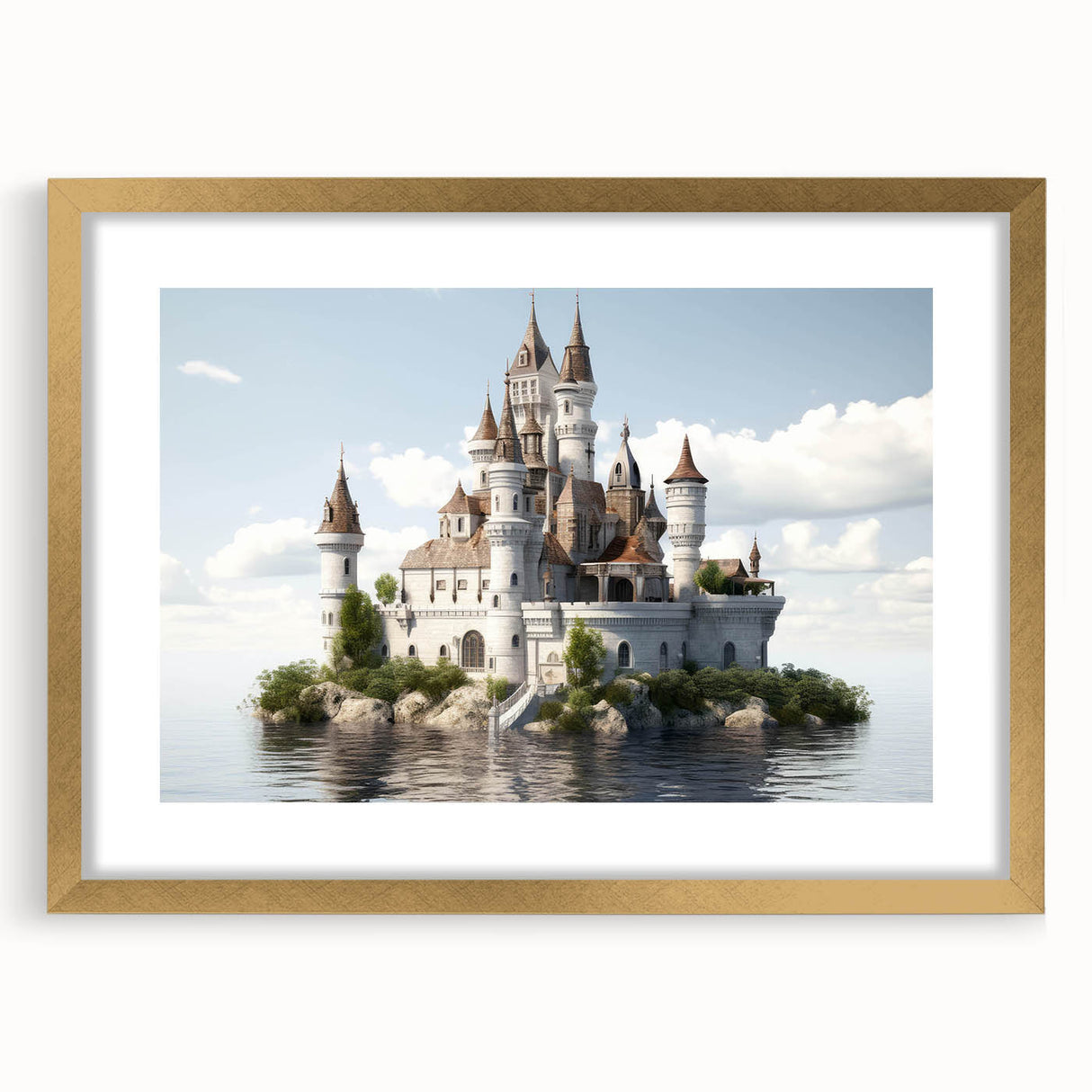 Elegant gold-framed wall art showcasing a picturesque landscape with a castle, featuring rich colors and intricate details. Ideal for home decor, this design adds sophistication and charm to any space. Perfect for art enthusiasts seeking unique castle-themed decor.