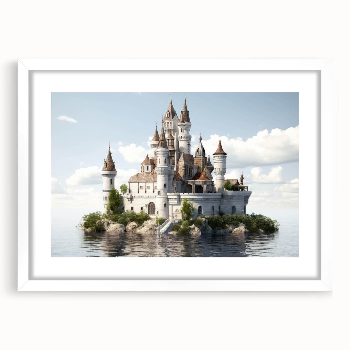 Framed wall art featuring a stunning landscape of a medieval castle, set in a white mat and frame, ideal for enhancing home decor with a touch of elegance.