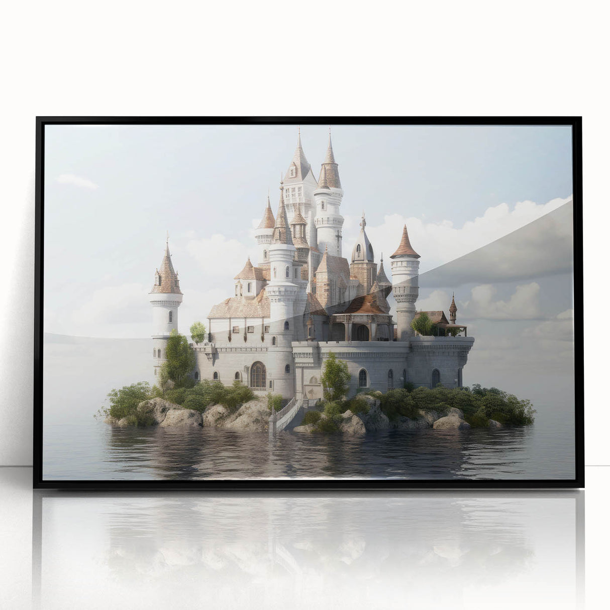 Framed acrylic wall art featuring a stunning landscape of a castle, displayed in a sleek black frame, perfect for home decor or office settings.