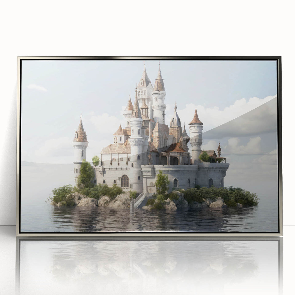 Framed wall art collection showcasing a stunning silver-accented landscape castle design, ideal for elegant home decor. The piece features intricate details and vibrant colors, enhancing any room's aesthetic appeal.