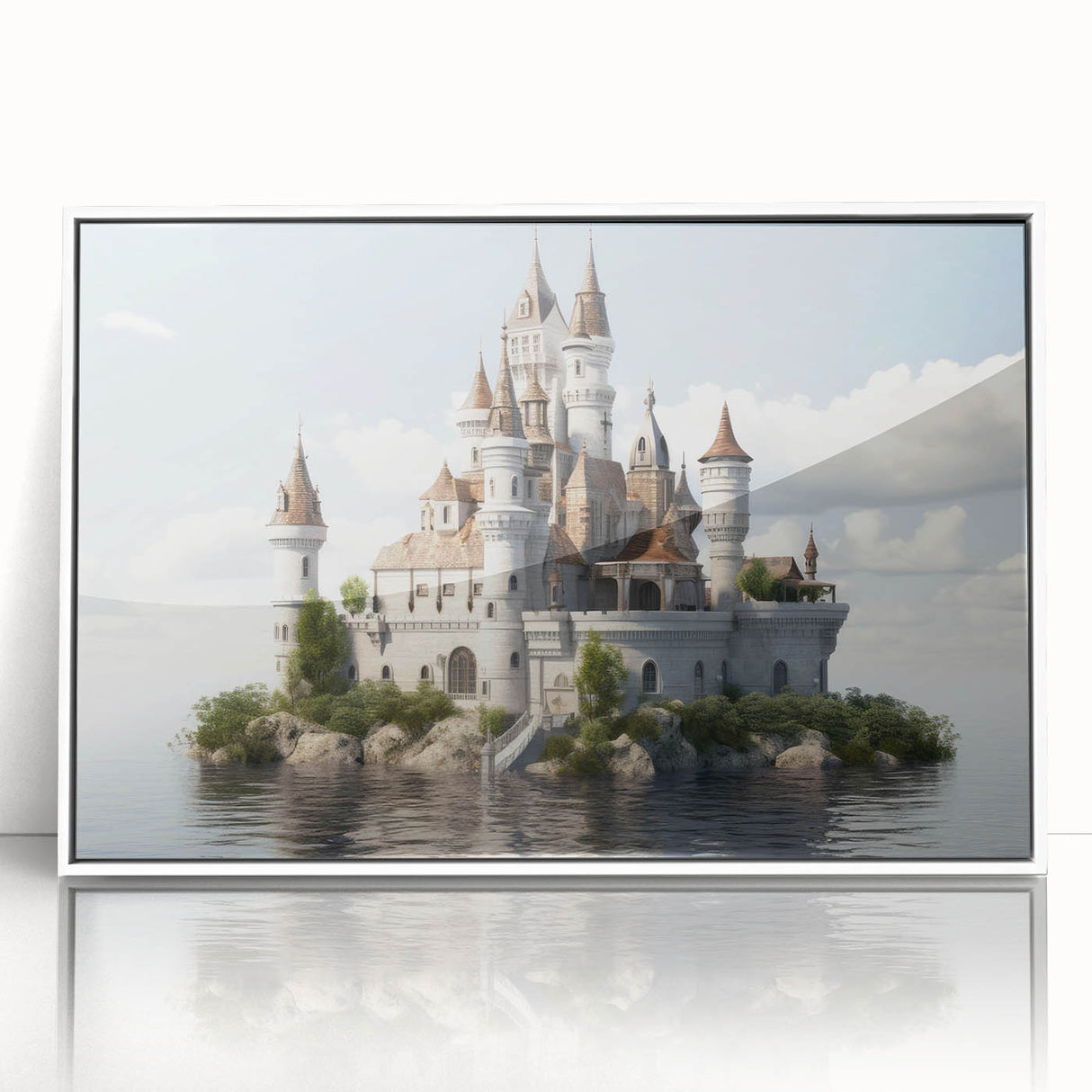 Framed wall art showcasing a stunning landscape with a majestic castle, featuring a white frame and acrylic front, ideal for home decor enhancement.
