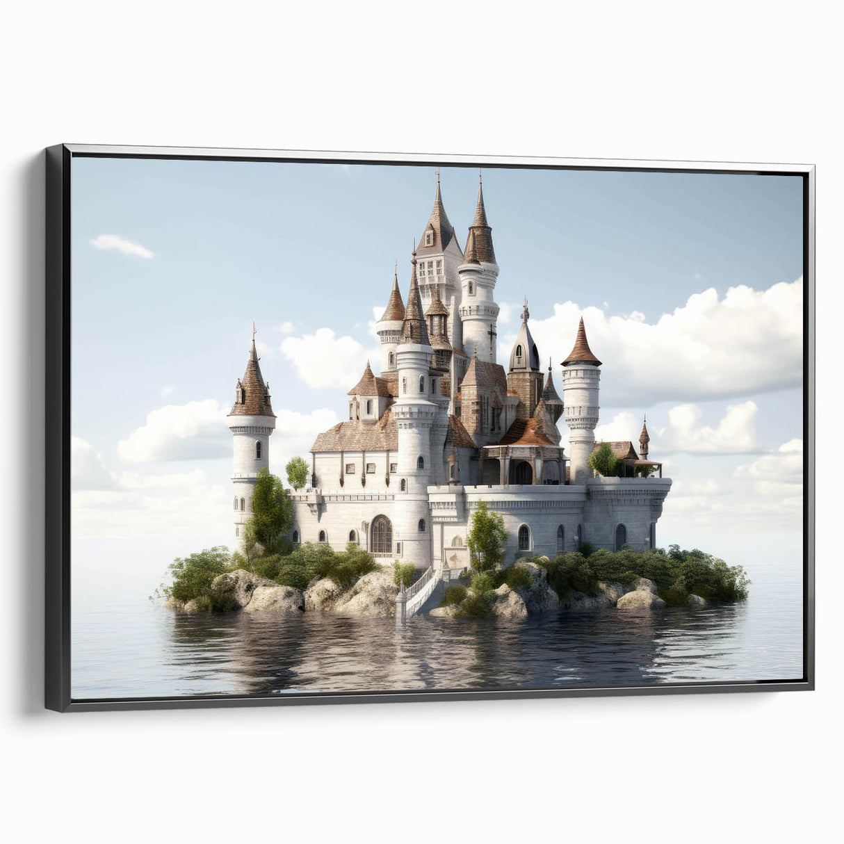 Framed canvas wall art showcasing a stunning landscape and castle design, featuring a sleek black frame, ideal for enhancing home decor with elegance and charm.