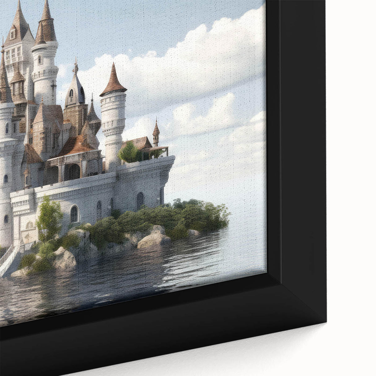 Framed canvas wall art showcasing a close-up of a stunning castle landscape design, featuring rich colors and intricate details, perfect for home decor.