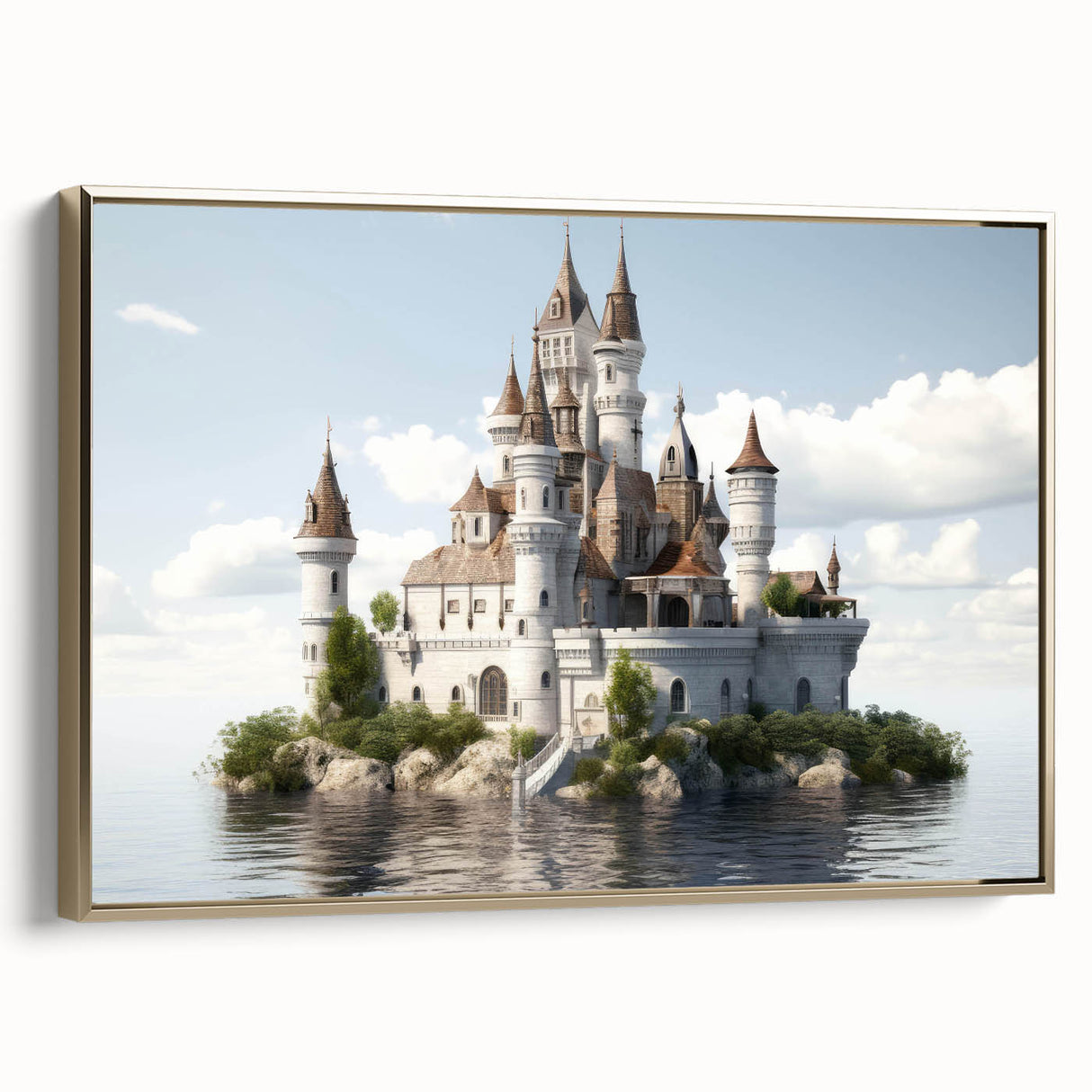 Framed canvas wall art featuring a scenic landscape with a majestic castle, adorned in elegant gold accents, showcasing intricate details and vibrant colors. Ideal for enhancing home decor with a touch of sophistication and charm.