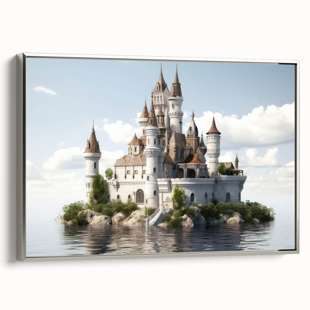 Framed canvas wall art showcasing a stunning landscape with a castle, featuring intricate details and a silver frame, perfect for enhancing home decor.