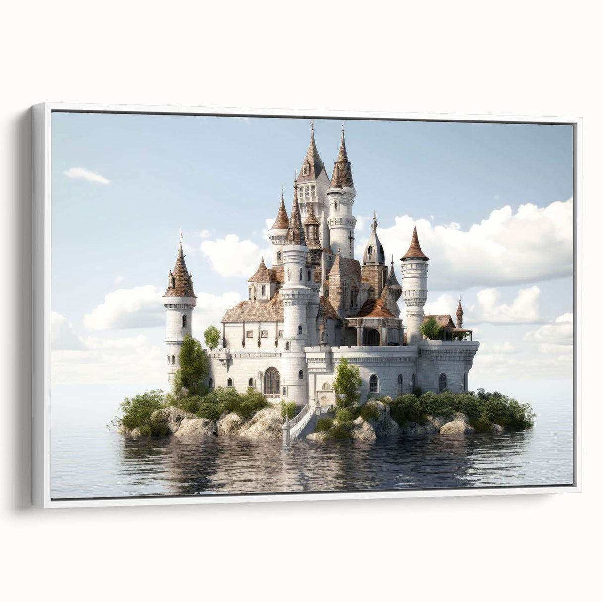 Framed canvas wall art showcasing a stunning landscape with a majestic castle, presented in a sleek white frame, ideal for home decor and interior design. The artwork features vibrant colors and intricate details, enhancing any living space with a touch of elegance and creativity.