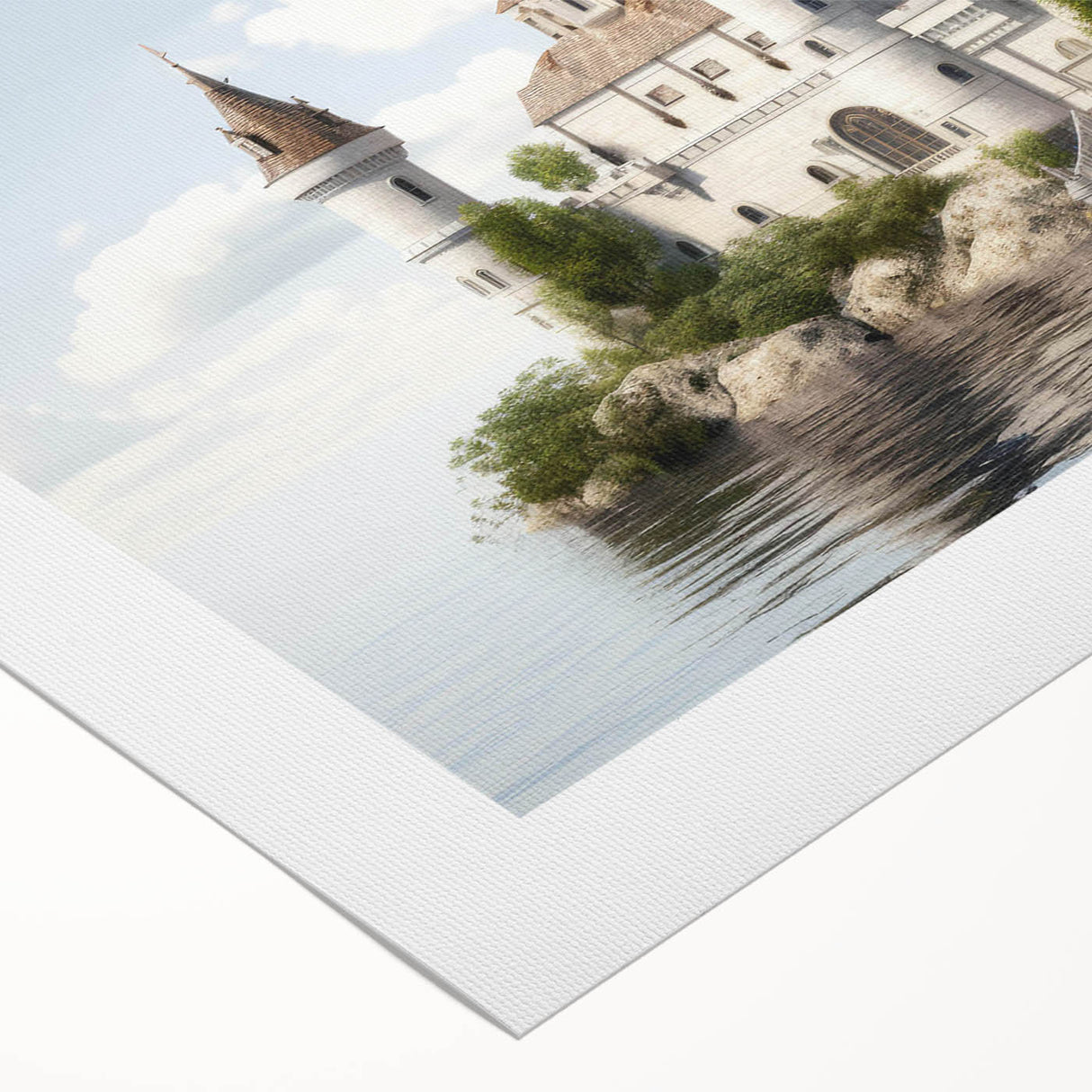 Rolled canvas artwork showcasing a stunning landscape of a castle surrounded by lush greenery, perfect for enhancing home decor with its vibrant colors and intricate details.