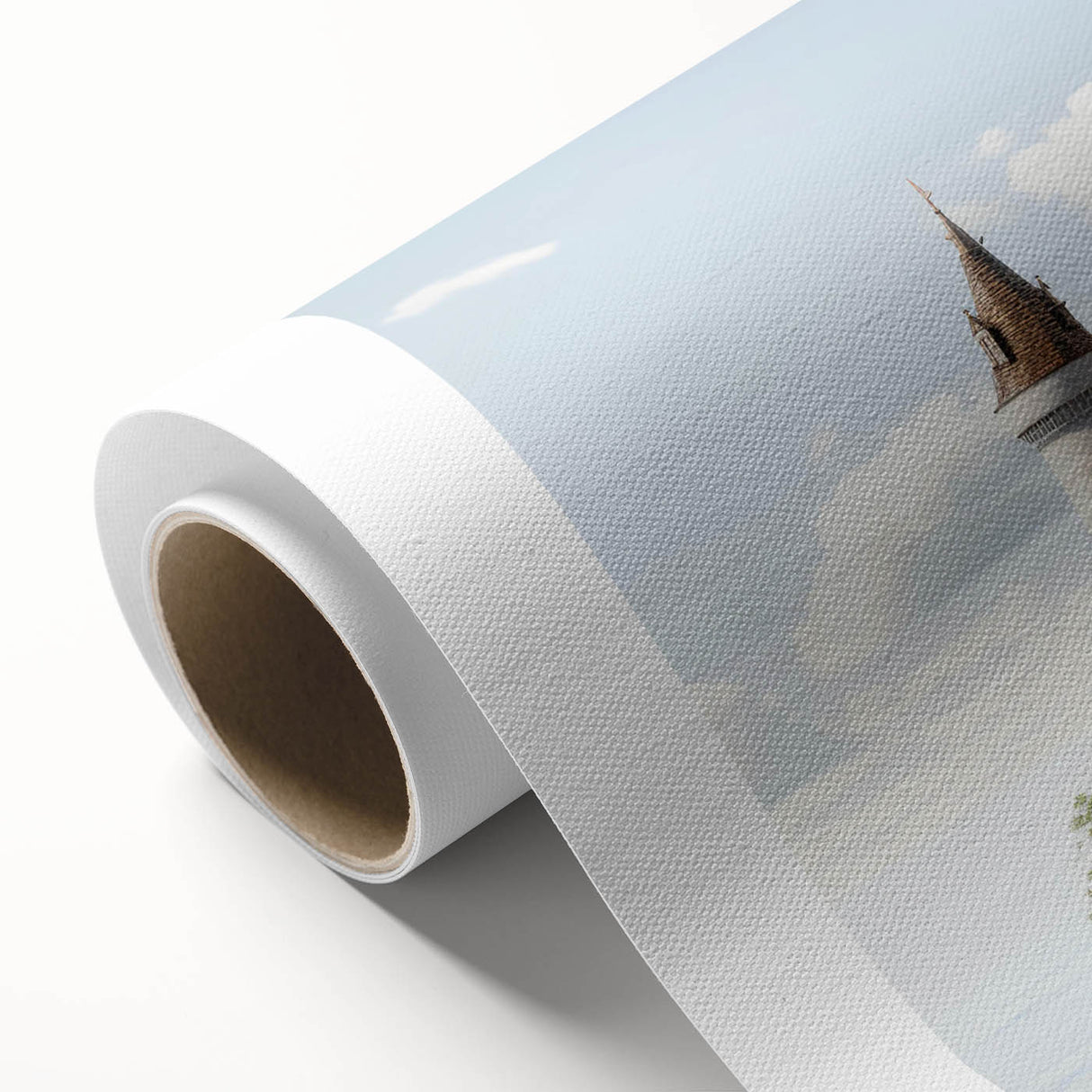 Scenic rolled canvas artwork showcasing a vibrant landscape with a majestic castle, featuring lush greenery and a clear blue sky, perfect for home decor.