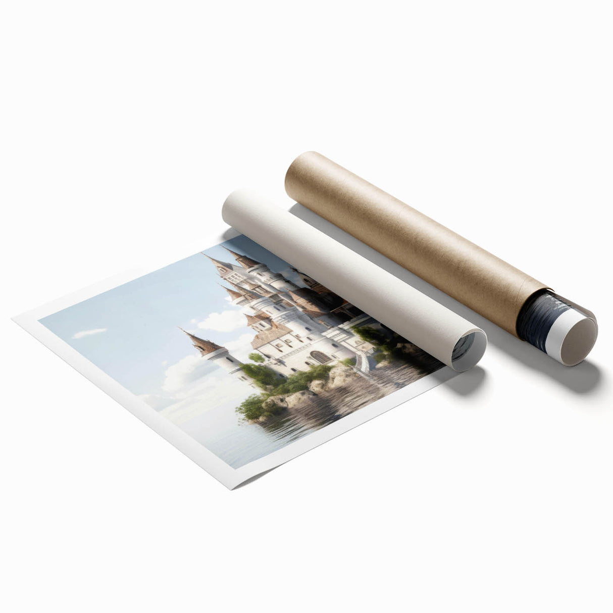 Stunning rolled print of a serene landscape featuring a majestic castle surrounded by lush greenery, perfect for home decor. The artwork captures intricate details and vibrant colors, ideal for adding elegance to any room.