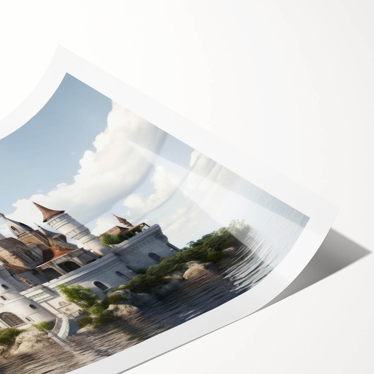 Rolled wall art print showcasing a stunning landscape featuring a majestic castle surrounded by lush greenery and vibrant skies, ideal for home decor.