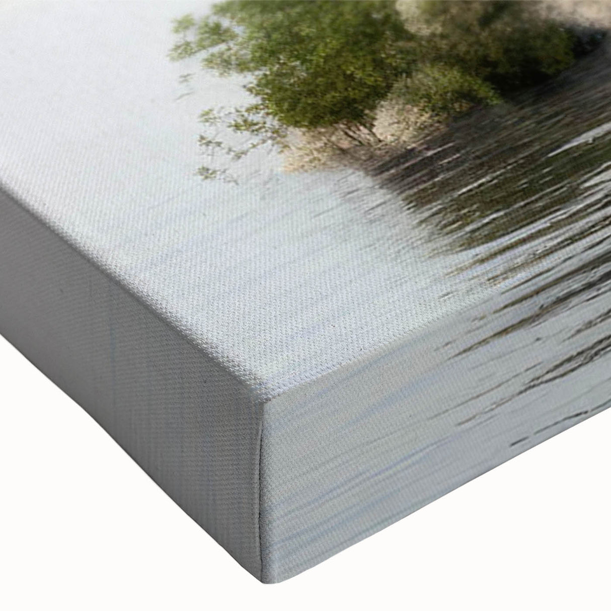 Close-up of a stretched canvas featuring a vibrant landscape with a medieval castle design, showcasing rich colors and intricate details, perfect for home decor.