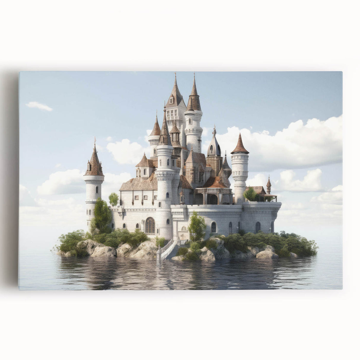Stretched canvas wall art showcasing a picturesque landscape with a majestic castle, vibrant colors, and intricate details, perfect for enhancing home decor aesthetic.