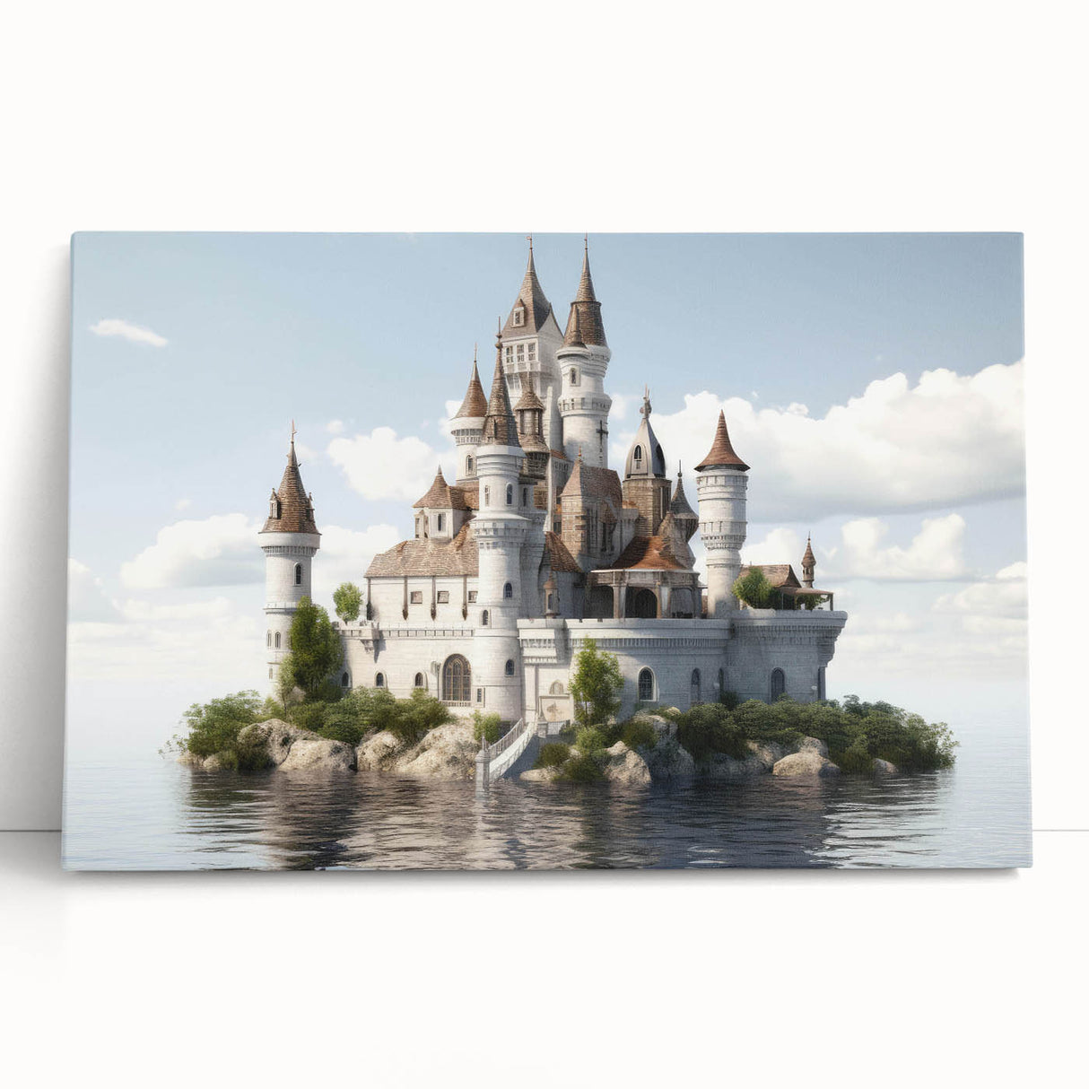 Stretched canvas wall art showcasing a vibrant landscape with an enchanting castle, elegantly leaning against a neutral backdrop, ideal for home decor enhancement.