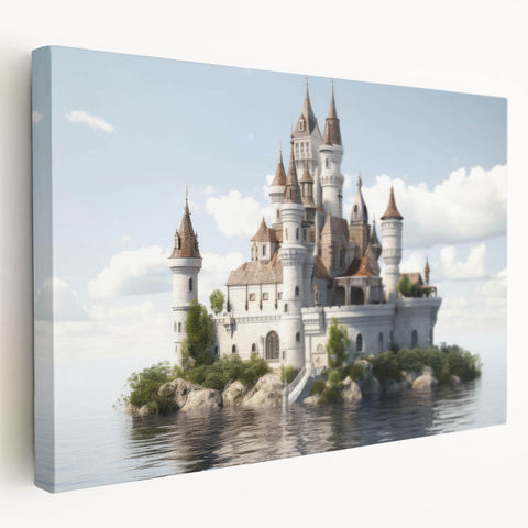 Stretched canvas wall art showcasing a vibrant landscape with a majestic castle, framed in a modern style, perfect for home decor. The artwork features rich colors and intricate details, creating a captivating focal point for any room.