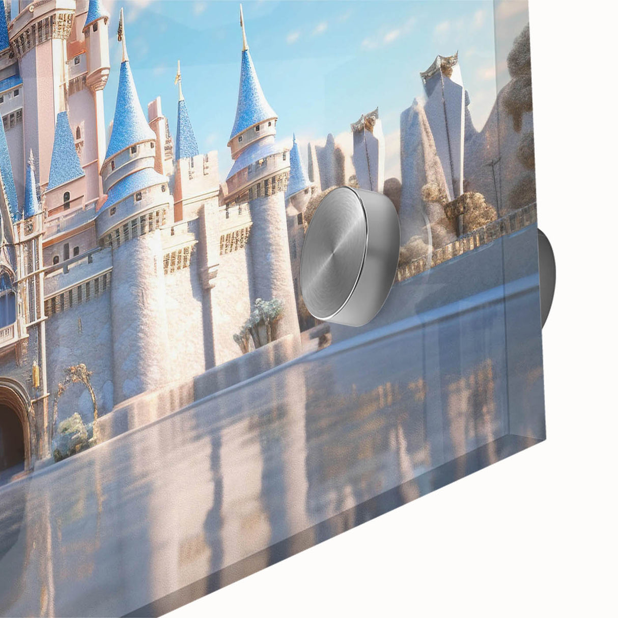 Close-up of an acrylic glass wall art piece showcasing a vibrant landscape with a majestic castle, featuring rich colors and intricate details, ideal for home decor.