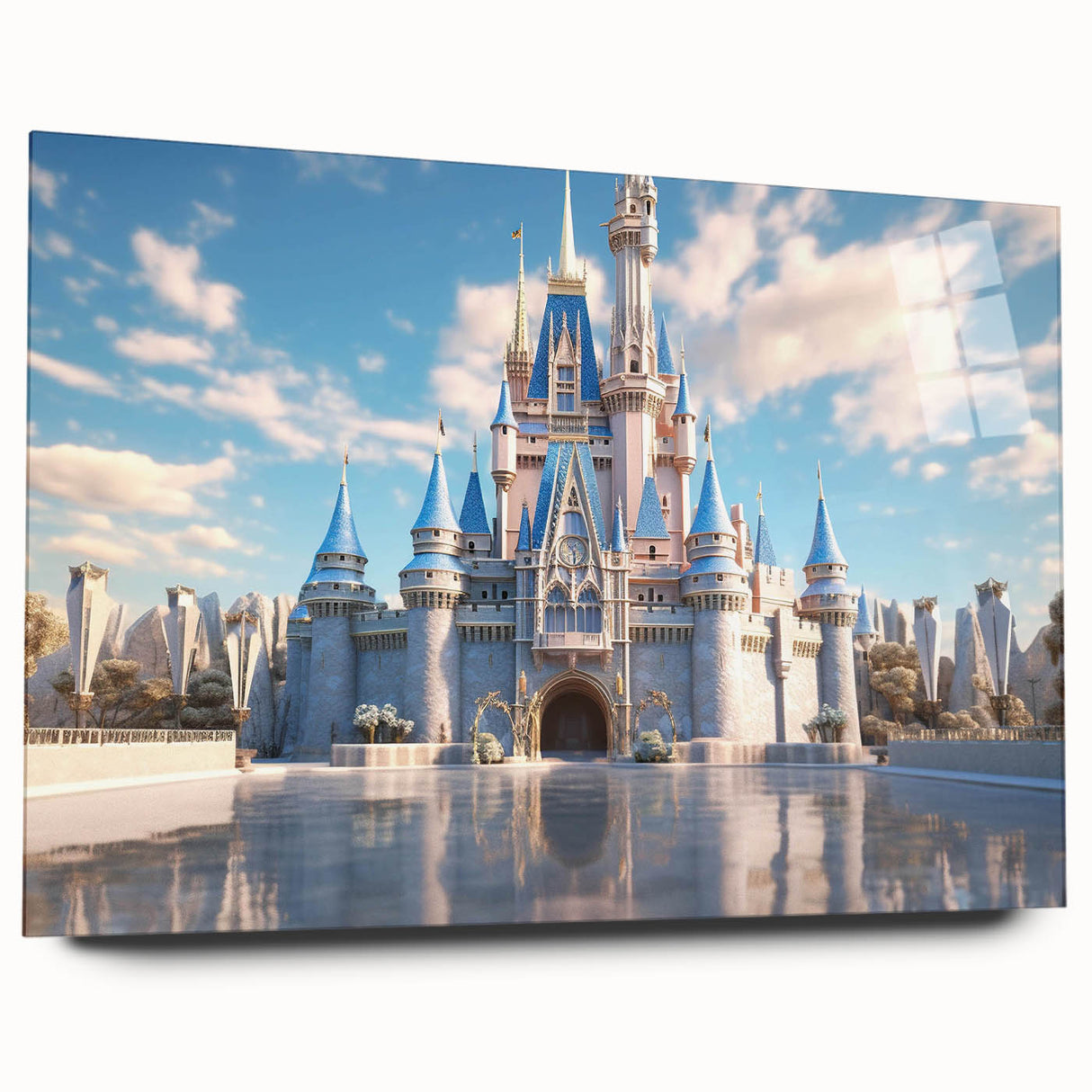 Acrylic glass wall art showcasing a stunning landscape with a medieval castle, presented in a side view without pins, perfect for home decor enthusiasts.