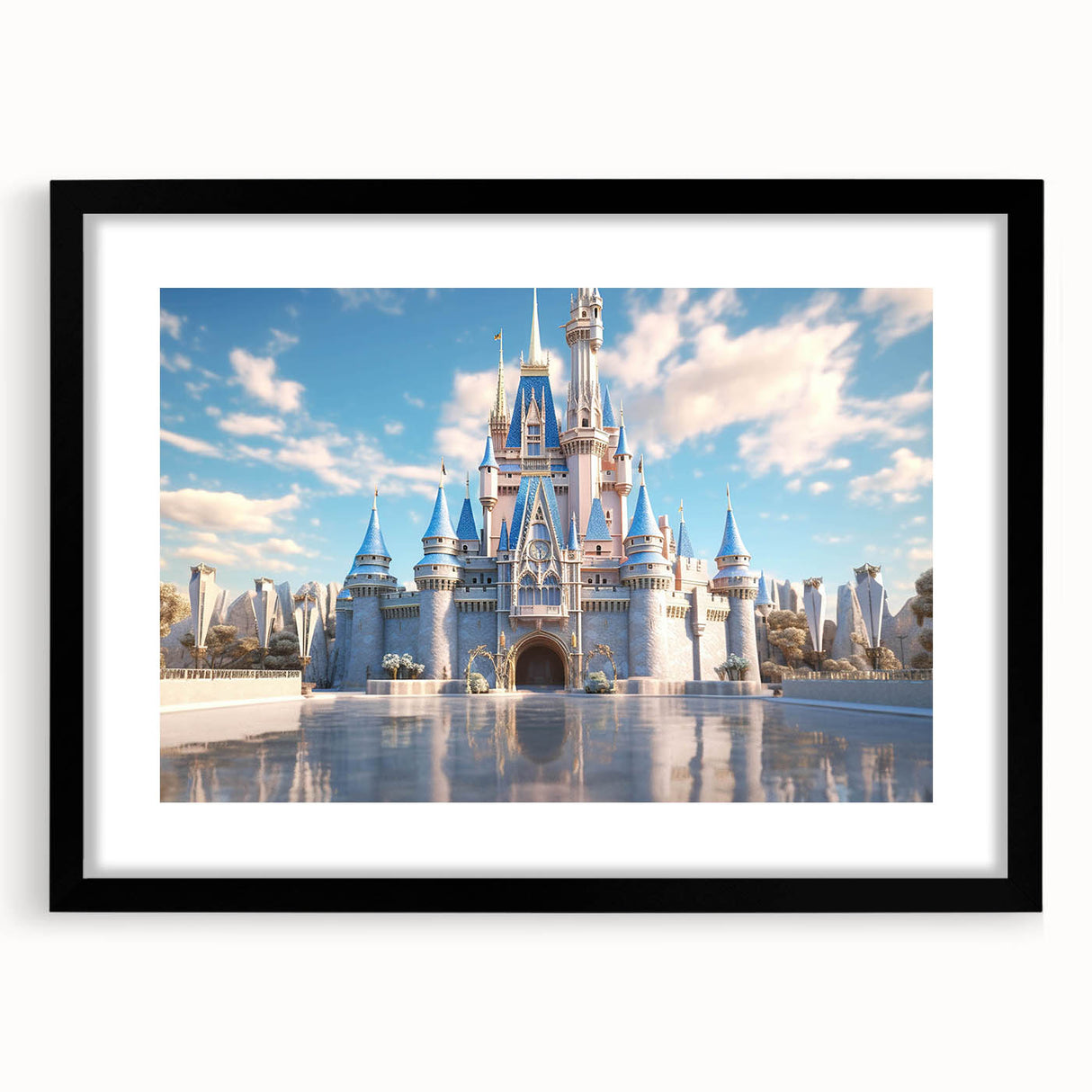 Framed wall art featuring a stunning landscape castle design, showcasing intricate details, vibrant colors, and a sleek black matte frame, perfect for home decor.
