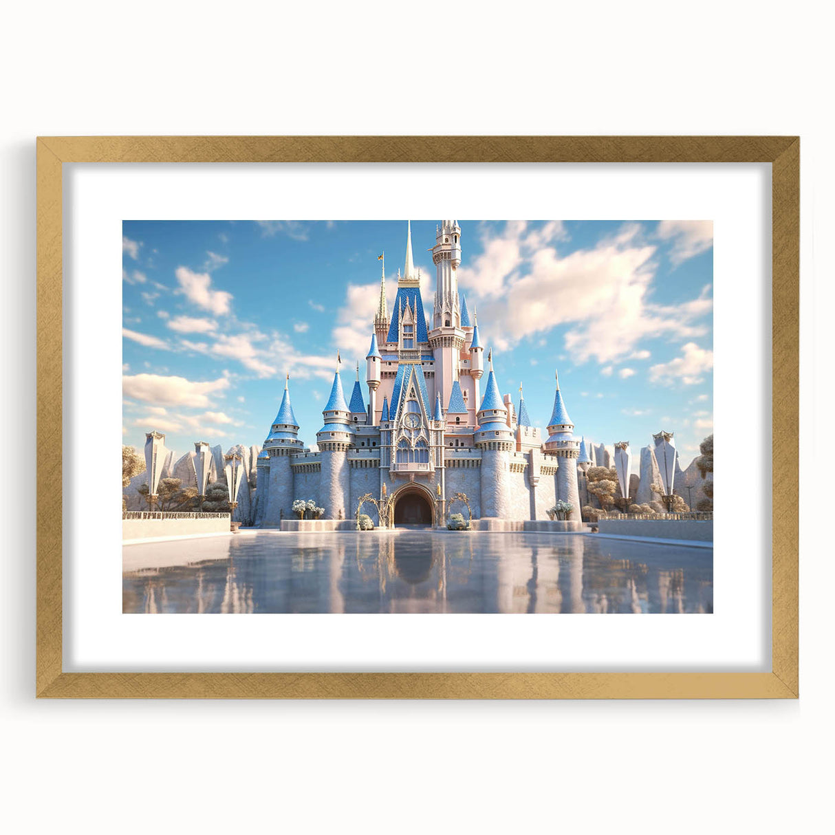 Elegant framed wall art showcasing a picturesque castle landscape design with a gold mat, perfect for enhancing home decor with a touch of sophistication.