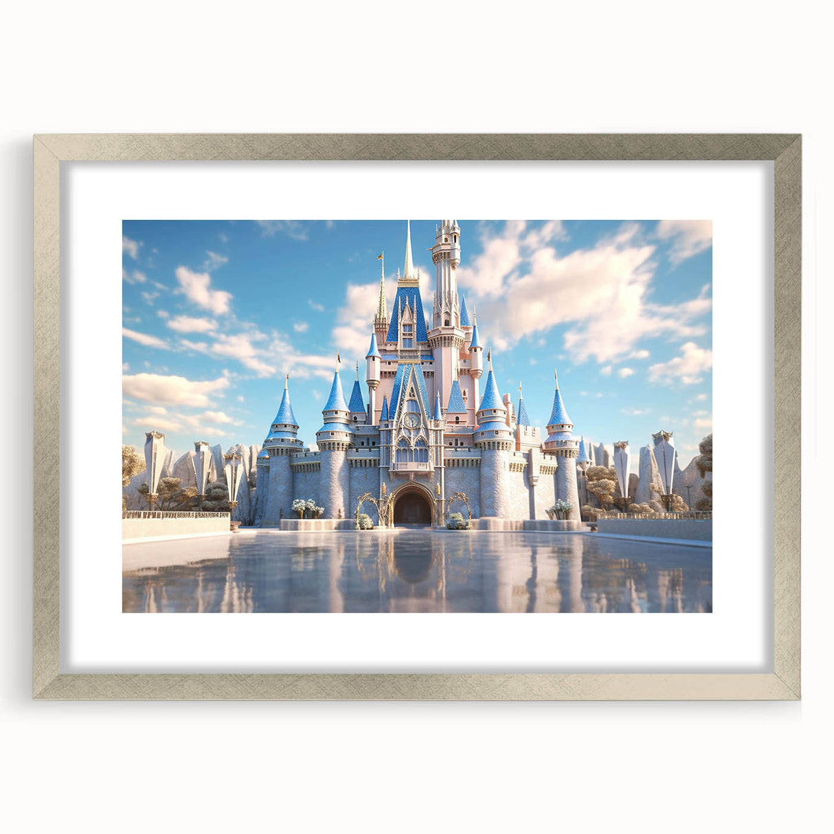 Framed silver wall art featuring a stunning landscape with a medieval castle design, elegantly matted for a sophisticated touch, perfect for home decor.