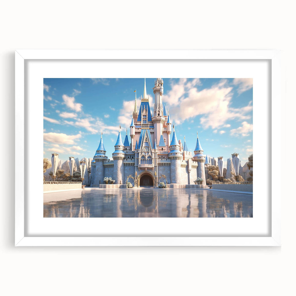 Front view of a white-framed wall art piece showcasing a picturesque landscape with a castle, designed to enhance home decor and create a serene ambiance.