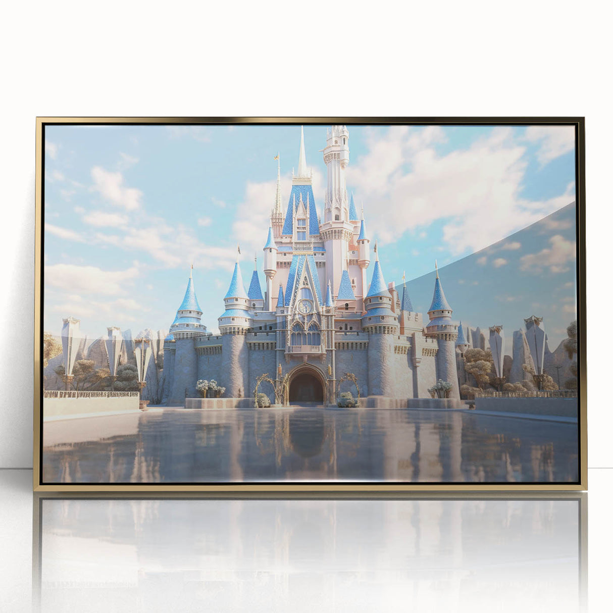 Framed acrylic wall art featuring a stunning landscape with a majestic castle, designed in gold accents, perfect for enhancing interior decor and creating a luxurious ambiance.