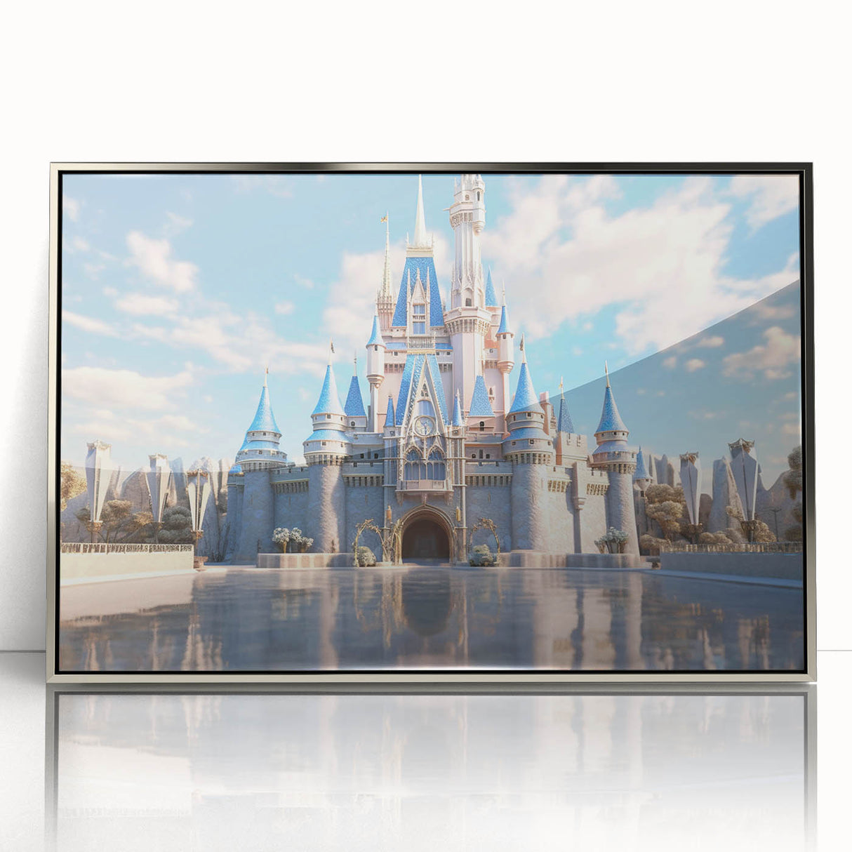 Framed acrylic wall art showcasing a stunning landscape with a castle, featuring a sleek silver frame and vibrant colors, ideal for home decor enhancement.