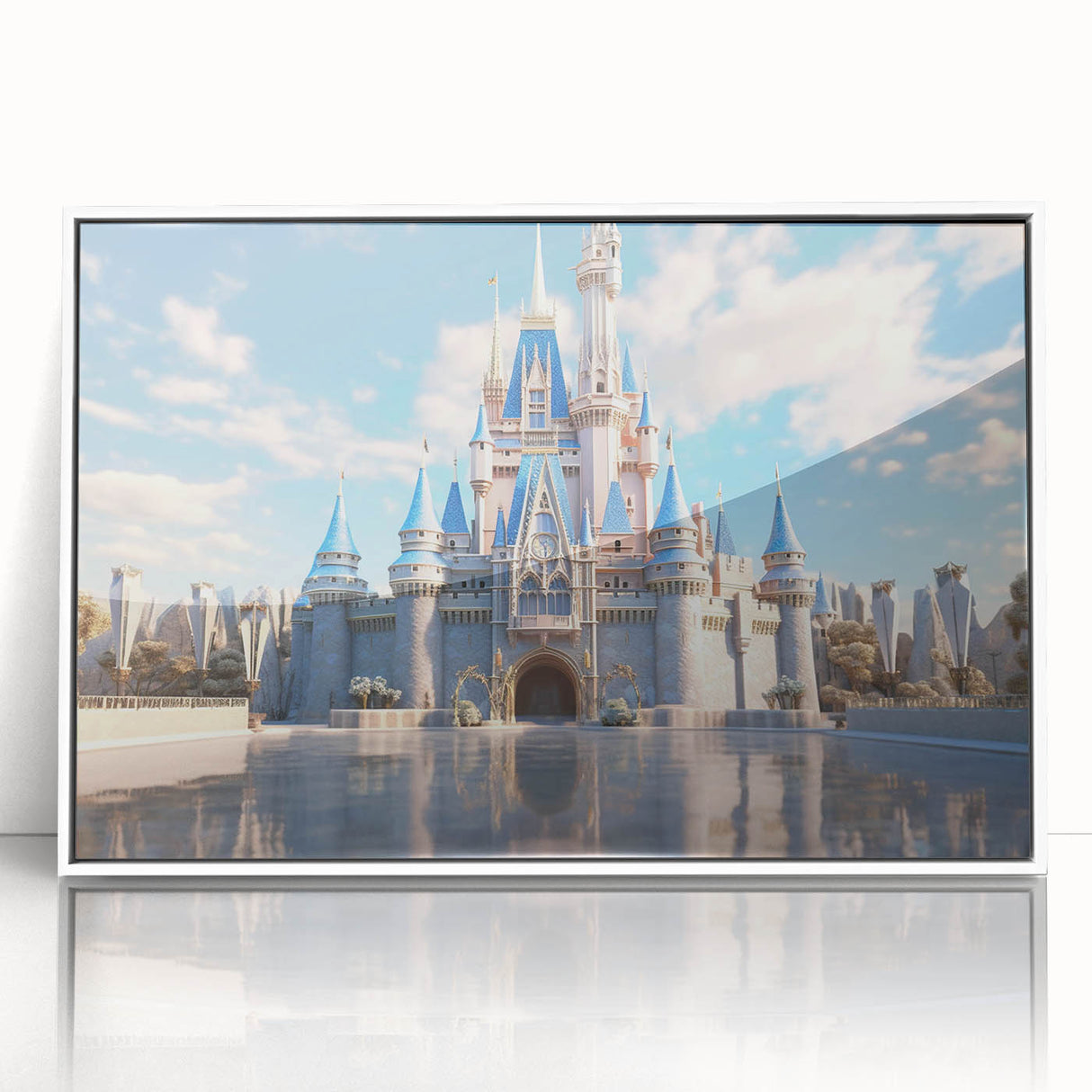 Framed acrylic wall art showcasing a stunning landscape with a castle, featuring vibrant colors and a modern white frame, perfect for home decor.