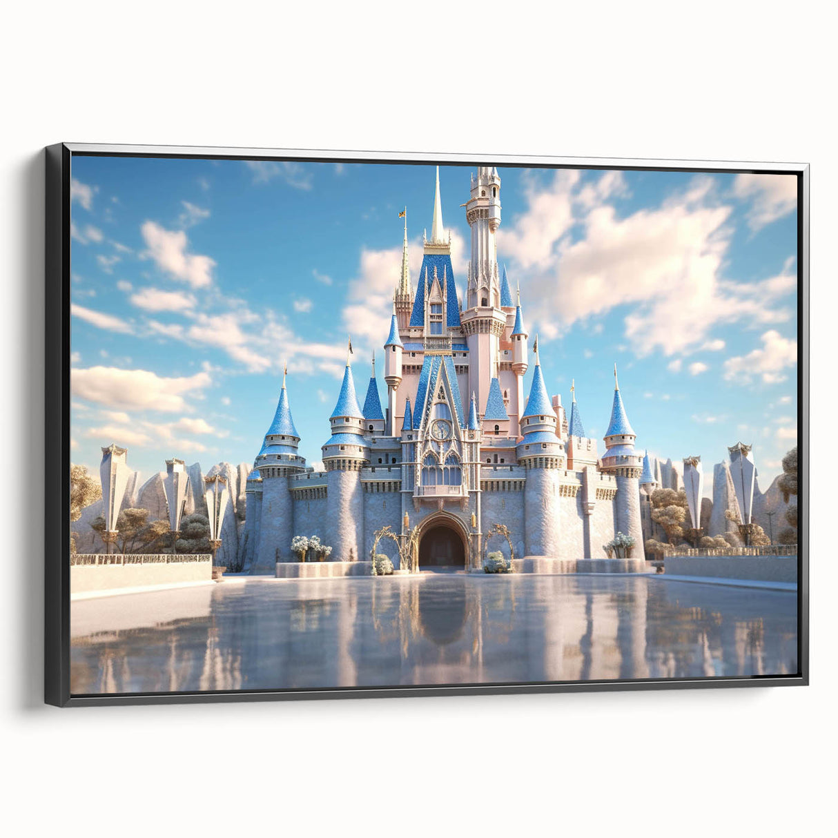 Framed canvas wall art showcasing a picturesque landscape with a castle, presented in a sleek black frame, perfect for home decor to enhance living spaces.