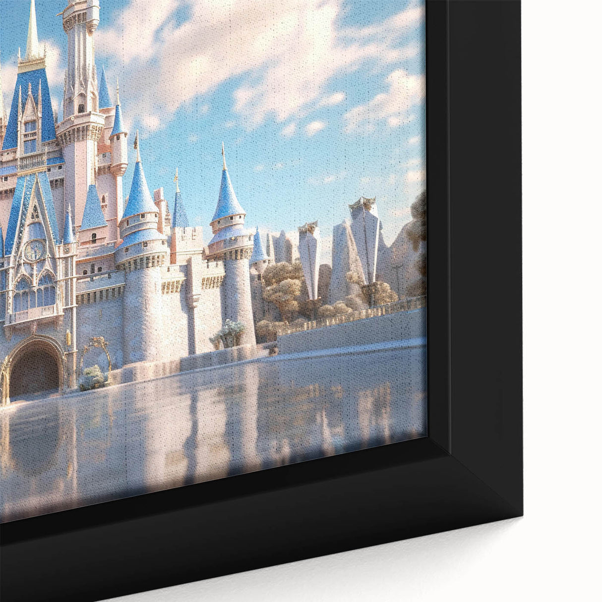 Framed canvas art showcasing a vibrant landscape with a medieval castle, featuring rich colors and intricate details, perfect for home decor.
